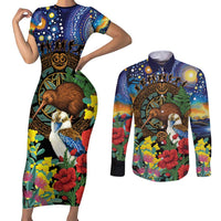 Kiwi-Kookaburra Bird ANZAC Personalised Couples Matching Short Sleeve Bodycon Dress and Long Sleeve Button Shirt Aussie Golden Wattle Poppy Flowers