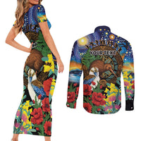 Kiwi-Kookaburra Bird ANZAC Personalised Couples Matching Short Sleeve Bodycon Dress and Long Sleeve Button Shirt Aussie Golden Wattle Poppy Flowers