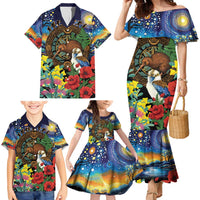 Kiwi-Kookaburra Bird ANZAC Personalised Family Matching Mermaid Dress and Hawaiian Shirt Aussie Golden Wattle Poppy Flowers