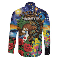 Kiwi-Kookaburra Bird ANZAC Personalised Family Matching Off The Shoulder Long Sleeve Dress and Hawaiian Shirt Aussie Golden Wattle Poppy Flowers