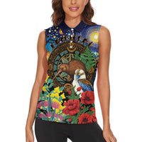 Kiwi-Kookaburra Bird ANZAC Personalised Women Sleeveless Polo Shirt Aussie Golden Wattle Poppy Flowers