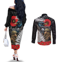 Kiwi-Tui Bird Soldier ANZAC Day Personalised Couples Matching Off The Shoulder Long Sleeve Dress and Long Sleeve Button Shirt Maori Silver Fern Motif