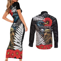 Kiwi-Tui Bird Soldier ANZAC Day Personalised Couples Matching Short Sleeve Bodycon Dress and Long Sleeve Button Shirt Maori Silver Fern Motif