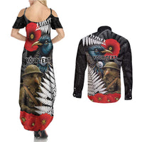 Kiwi-Tui Bird Soldier ANZAC Day Personalised Couples Matching Summer Maxi Dress and Long Sleeve Button Shirt Maori Silver Fern Motif