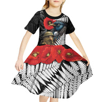 Kiwi-Tui Bird Soldier ANZAC Day Personalised Kid Short Sleeve Dress Maori Silver Fern Motif