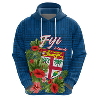 Custom Fiji Hoodie Tropical Flowers and Tapa Pattern LT9 Zip Hoodie Blue - Polynesian Pride