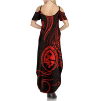 Polynesian Guam Coat of Arms Family Matching Summer Maxi Dress and Hawaiian Shirt Polynesian Tribal Tattoo Red Version