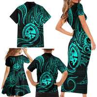 Polynesian Guam Coat of Arms Family Matching Short Sleeve Bodycon Dress and Hawaiian Shirt Polynesian Tribal Tattoo Turquoise Version