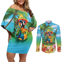 Always 5 O'clock Couples Matching Off Shoulder Short Dress and Long Sleeve Button Shirt Hawaiian Tropical Parrot - Polynesian Pride