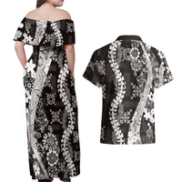 Hawaii Puakenikeni and Maile Lei Couples Matching Off Shoulder Maxi Dress and Hawaiian Shirt Black Japanese Wave Style - Polynesian Pride