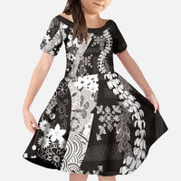 Hawaii Puakenikeni and Maile Lei Family Matching Long Sleeve Bodycon Dress and Hawaiian Shirt Black Japanese Wave Style - Polynesian Pride