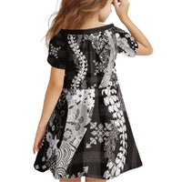 Hawaii Puakenikeni and Maile Lei Family Matching Long Sleeve Bodycon Dress and Hawaiian Shirt Black Japanese Wave Style - Polynesian Pride