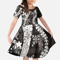 Hawaii Puakenikeni and Maile Lei Family Matching Off The Shoulder Long Sleeve Dress and Hawaiian Shirt Black Japanese Wave Style - Polynesian Pride