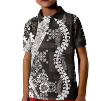 Hawaii Puakenikeni and Maile Lei Kid Polo Shirt Black Japanese Wave Style - Polynesian Pride