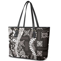 Hawaii Puakenikeni and Maile Lei Leather Tote Bag Black Japanese Wave Style - Polynesian Pride