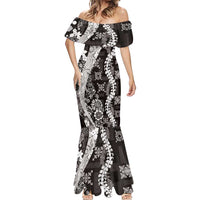 Hawaii Puakenikeni and Maile Lei Mermaid Dress Black Japanese Wave Style - Polynesian Pride