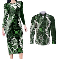 Hawaii Puakenikeni and Maile Lei Couples Matching Long Sleeve Bodycon Dress and Long Sleeve Button Shirt Green Japanese Wave Style LT9 Green - Polynesian Pride