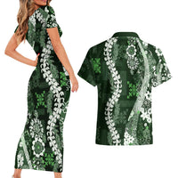 Hawaii Puakenikeni and Maile Lei Couples Matching Short Sleeve Bodycon Dress and Hawaiian Shirt Green Japanese Wave Style - Polynesian Pride