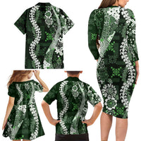Hawaii Puakenikeni and Maile Lei Family Matching Long Sleeve Bodycon Dress and Hawaiian Shirt Green Japanese Wave Style - Polynesian Pride