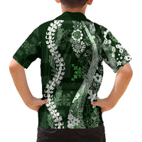 Hawaii Puakenikeni and Maile Lei Family Matching Off The Shoulder Long Sleeve Dress and Hawaiian Shirt Green Japanese Wave Style - Polynesian Pride