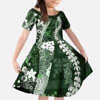 Hawaii Puakenikeni and Maile Lei Family Matching Off The Shoulder Long Sleeve Dress and Hawaiian Shirt Green Japanese Wave Style - Polynesian Pride