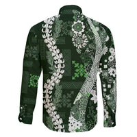 Hawaii Puakenikeni and Maile Lei Family Matching Off The Shoulder Long Sleeve Dress and Hawaiian Shirt Green Japanese Wave Style - Polynesian Pride
