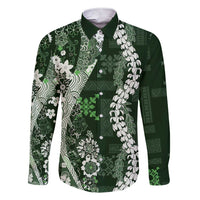 Hawaii Puakenikeni and Maile Lei Family Matching Short Sleeve Bodycon Dress and Hawaiian Shirt Green Japanese Wave Style - Polynesian Pride