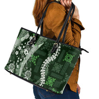Hawaii Puakenikeni and Maile Lei Leather Tote Bag Green Japanese Wave Style - Polynesian Pride