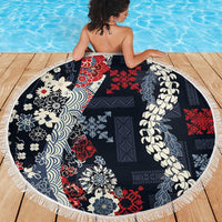 Hawaii Puakenikeni and Maile Lei Beach Blanket Navy Blue Japanese Wave Style - Polynesian Pride