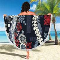 Hawaii Puakenikeni and Maile Lei Beach Blanket Navy Blue Japanese Wave Style - Polynesian Pride