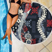 Hawaii Puakenikeni and Maile Lei Beach Blanket Navy Blue Japanese Wave Style - Polynesian Pride