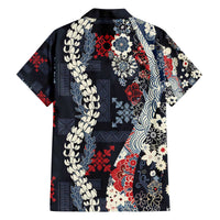 Hawaii Puakenikeni and Maile Lei Family Matching Off The Shoulder Long Sleeve Dress and Hawaiian Shirt Navy Blue Japanese Wave Style - Polynesian Pride