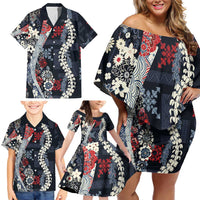 Hawaii Puakenikeni and Maile Lei Family Matching Off Shoulder Short Dress and Hawaiian Shirt Navy Blue Japanese Wave Style - Polynesian Pride