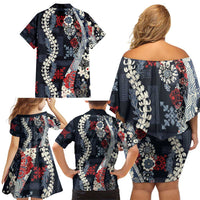 Hawaii Puakenikeni and Maile Lei Family Matching Off Shoulder Short Dress and Hawaiian Shirt Navy Blue Japanese Wave Style - Polynesian Pride