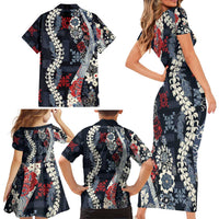 Hawaii Puakenikeni and Maile Lei Family Matching Short Sleeve Bodycon Dress and Hawaiian Shirt Navy Blue Japanese Wave Style - Polynesian Pride