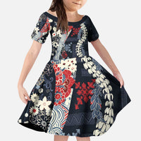 Hawaii Puakenikeni and Maile Lei Kid Short Sleeve Dress Navy Blue Japanese Wave Style - Polynesian Pride