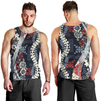 Hawaii Puakenikeni and Maile Lei Men Tank Top Navy Blue Japanese Wave Style - Polynesian Pride