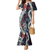 Hawaii Puakenikeni and Maile Lei Mermaid Dress Navy Blue Japanese Wave Style - Polynesian Pride