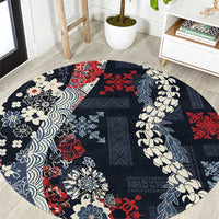Hawaii Puakenikeni and Maile Lei Round Carpet Navy Blue Japanese Wave Style - Polynesian Pride