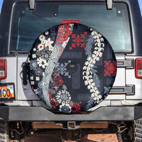 Hawaii Puakenikeni and Maile Lei Spare Tire Cover Navy Blue Japanese Wave Style - Polynesian Pride