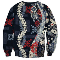 Hawaii Puakenikeni and Maile Lei Sweatshirt Navy Blue Japanese Wave Style LT9 - Polynesian Pride