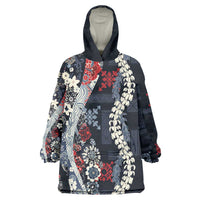 Hawaii Puakenikeni and Maile Lei Wearable Blanket Hoodie Navy Blue Japanese Wave Style - Polynesian Pride