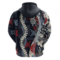Hawaii Puakenikeni and Maile Lei Zip Hoodie Navy Blue Japanese Wave Style - Polynesian Pride