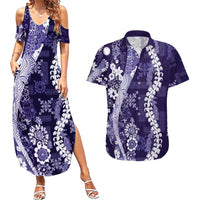Hawaii Puakenikeni and Maile Lei Couples Matching Summer Maxi Dress and Hawaiian Shirt Purple Japanese Wave Style - Polynesian Pride
