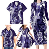 Hawaii Puakenikeni and Maile Lei Family Matching Long Sleeve Bodycon Dress and Hawaiian Shirt Purple Japanese Wave Style - Polynesian Pride