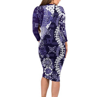 Hawaii Puakenikeni and Maile Lei Family Matching Long Sleeve Bodycon Dress and Hawaiian Shirt Purple Japanese Wave Style - Polynesian Pride