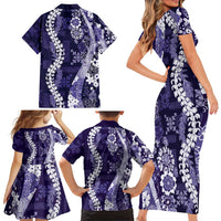 Hawaii Puakenikeni and Maile Lei Family Matching Short Sleeve Bodycon Dress and Hawaiian Shirt Purple Japanese Wave Style - Polynesian Pride
