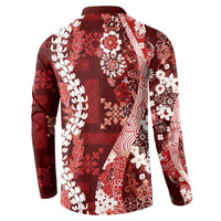 Hawaii Puakenikeni and Maile Lei Button Sweatshirt Red Japanese Wave Style - Polynesian Pride