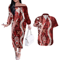 Hawaii Puakenikeni and Maile Lei Couples Matching Off The Shoulder Long Sleeve Dress and Hawaiian Shirt Red Japanese Wave Style - Polynesian Pride