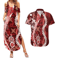Hawaii Puakenikeni and Maile Lei Couples Matching Summer Maxi Dress and Hawaiian Shirt Red Japanese Wave Style - Polynesian Pride
